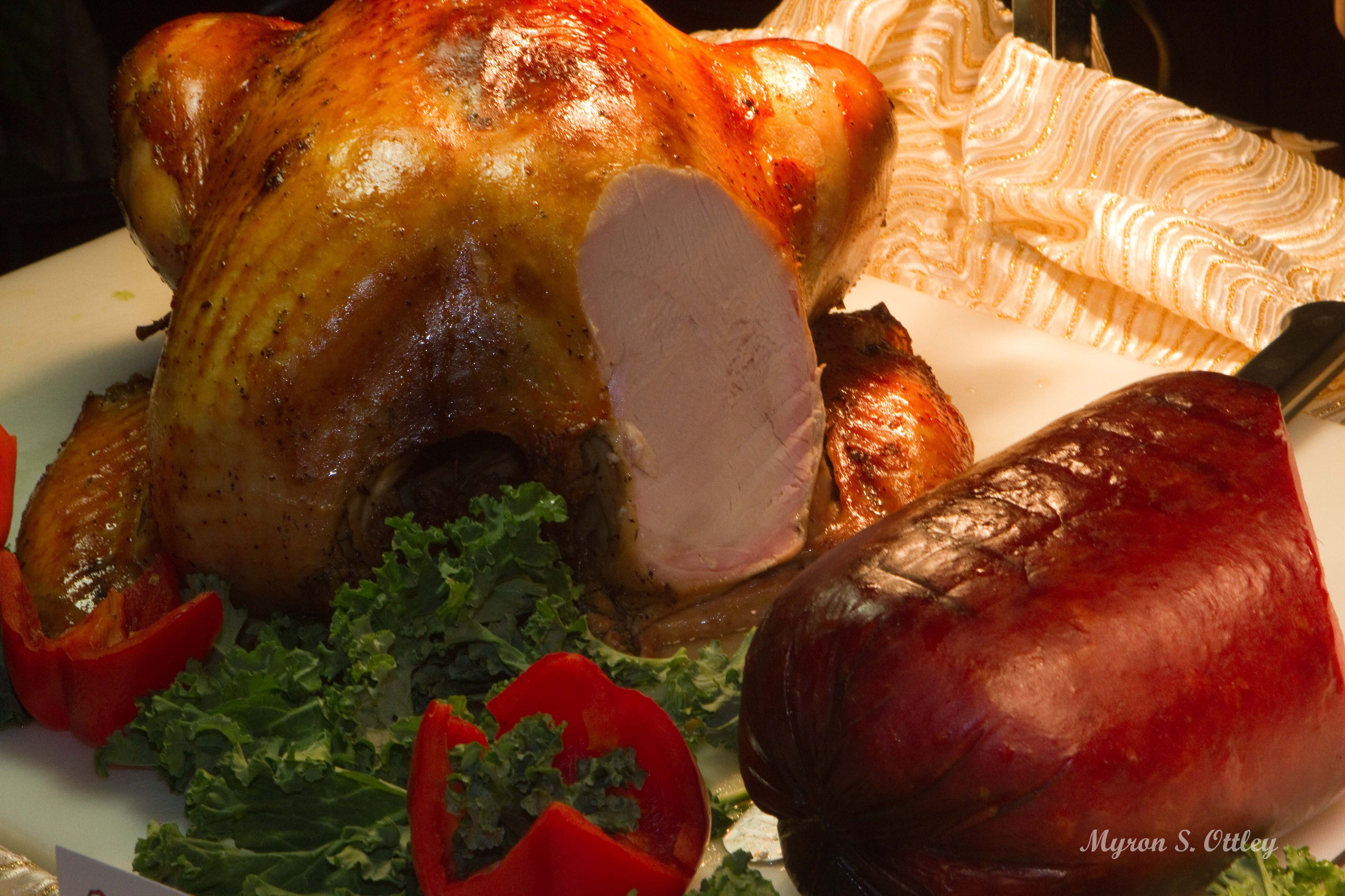 roasted turkey and turkey ham carving station